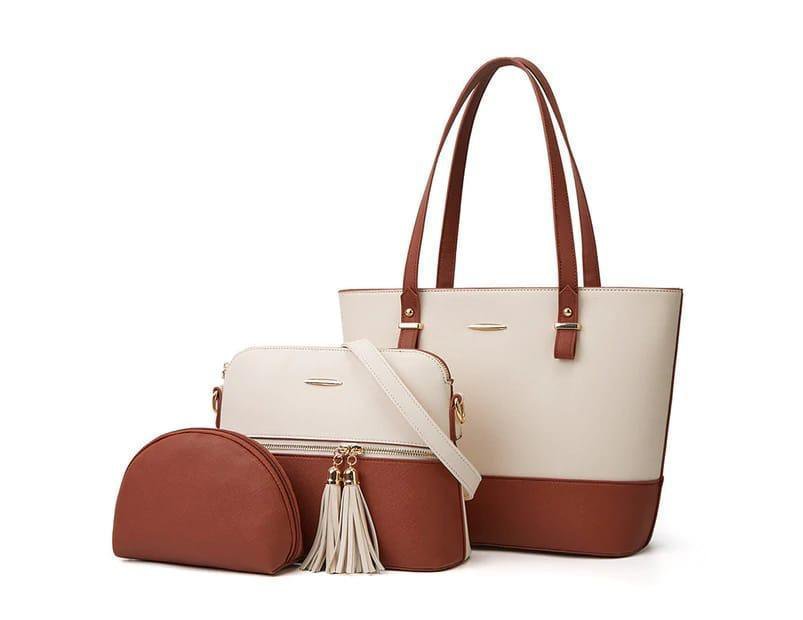 Elegant PU Women's Leather Bag Set- Off White 3 PCs For Every Occasion